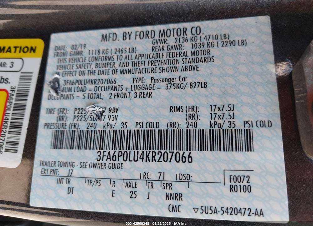 2019 FORD FUSION HYBRID SE VIN: 3FA6P0LU4KR207066