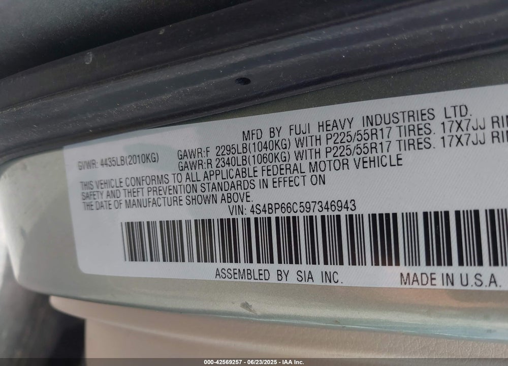 2009 SUBARU OUTBACK VIN: 4S4BP66C597346943