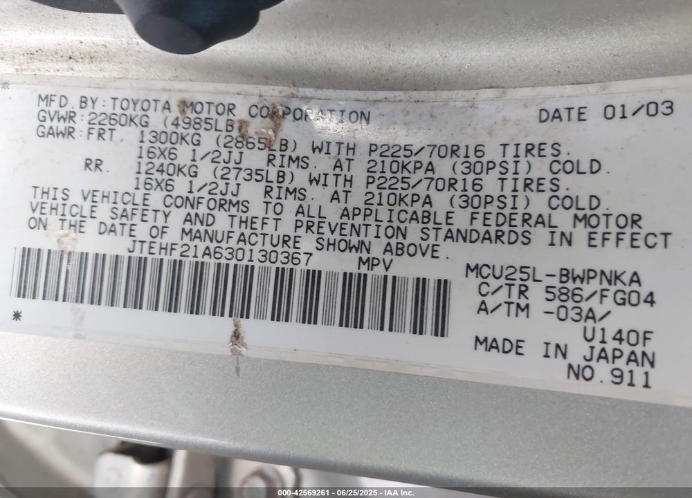 2003 TOYOTA HIGHLANDER V6 VIN: JTEHF21A630130367