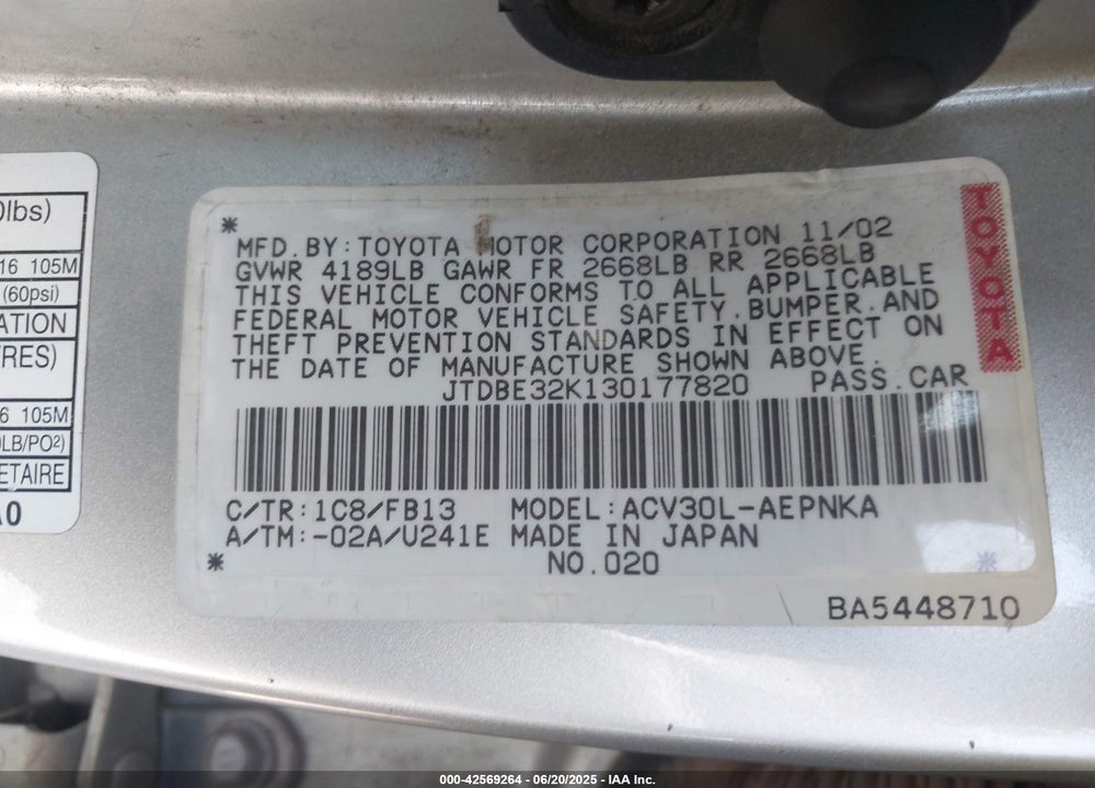 2003 TOYOTA CAMRY LE VIN: JTDBE32K130177820