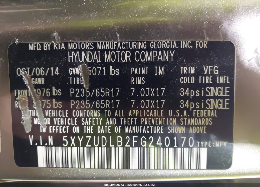 2015 HYUNDAI SANTA FE SPORT 2.4L VIN: 5XYZUDLB2FG240170