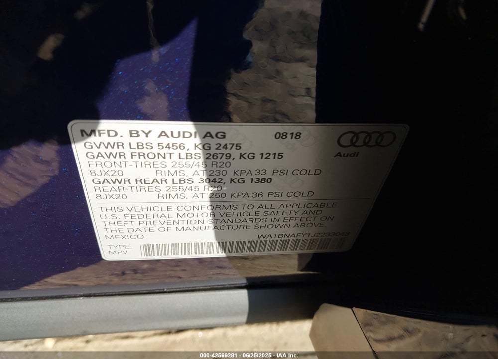 2018 AUDI Q5 VIN: WA1BNAFY1J2233043
