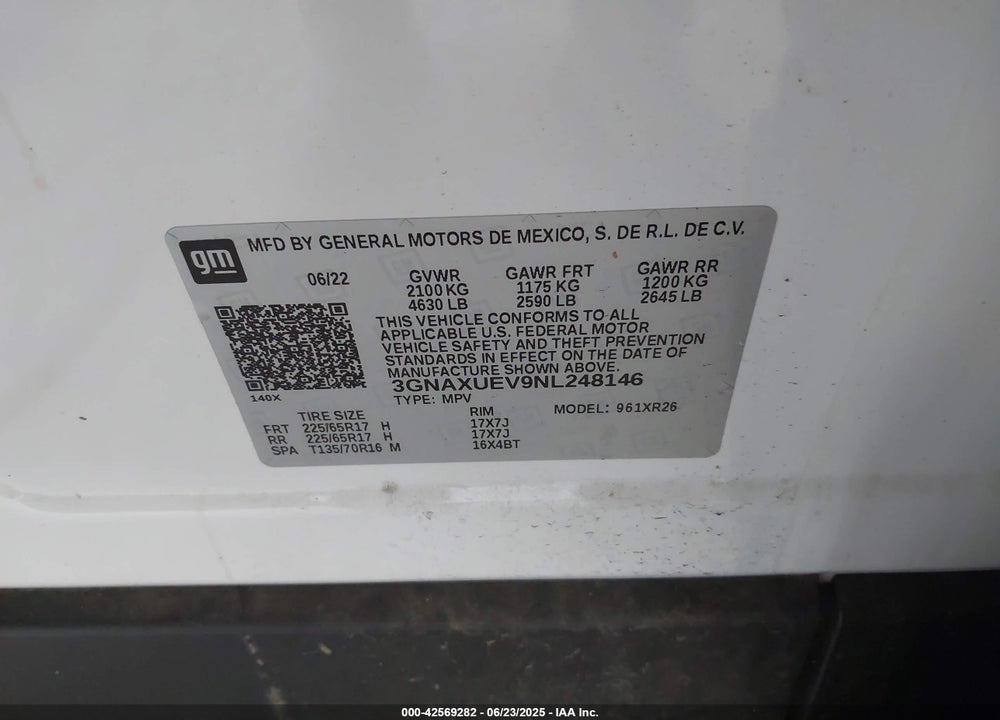 2022 CHEVROLET EQUINOX VIN: 3GNAXUEV9NL248146