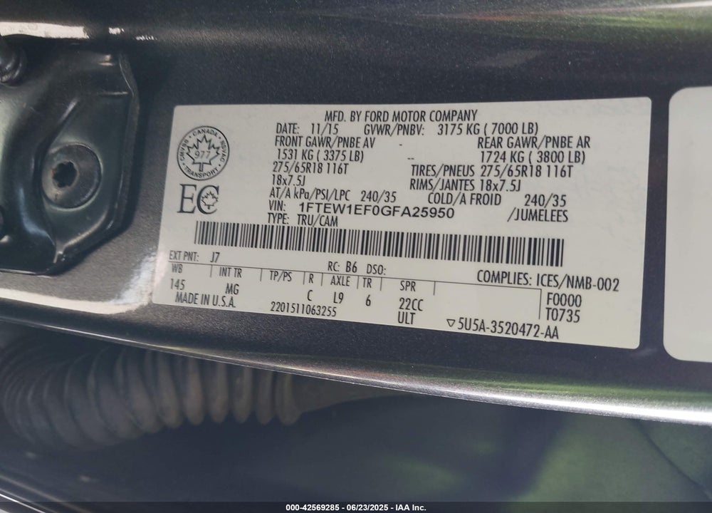 2016 FORD F-150 VIN: 1FTEW1EF0GFA25950