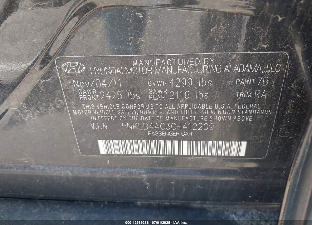 2012 HYUNDAI SONATA VIN: 5NPEB4AC3CH412209
