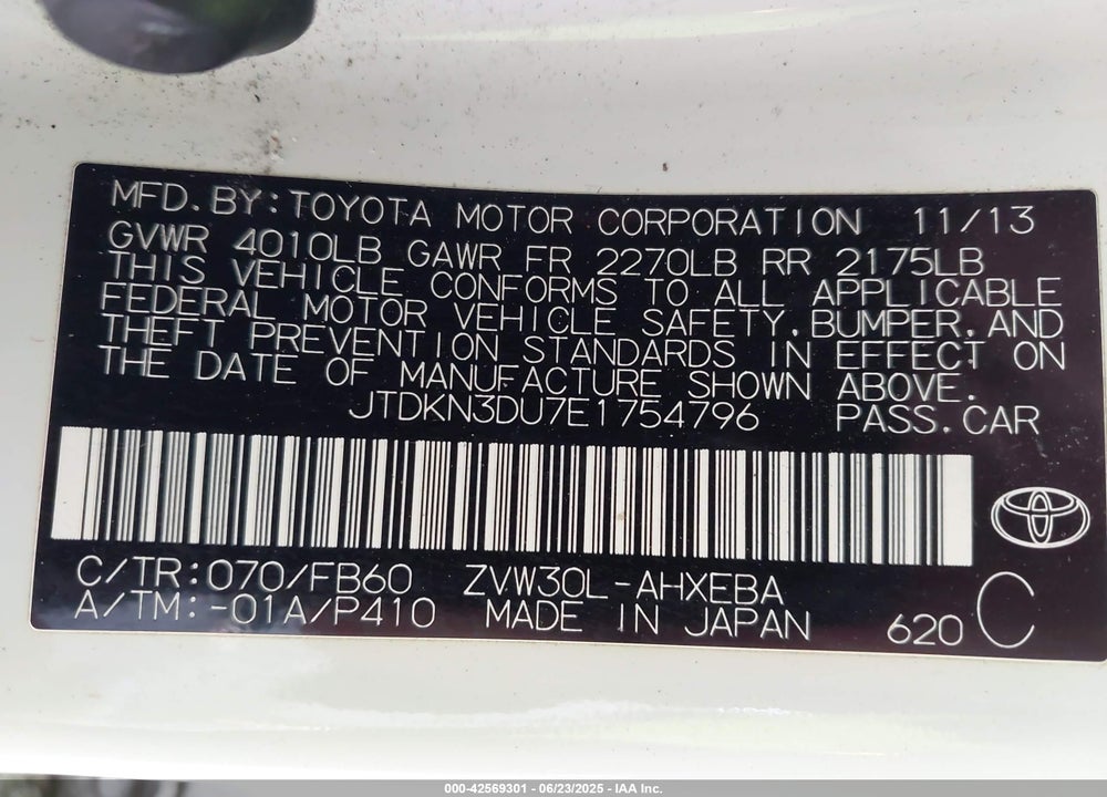 2014 TOYOTA PRIUS VIN: JTDKN3DU7E1754796