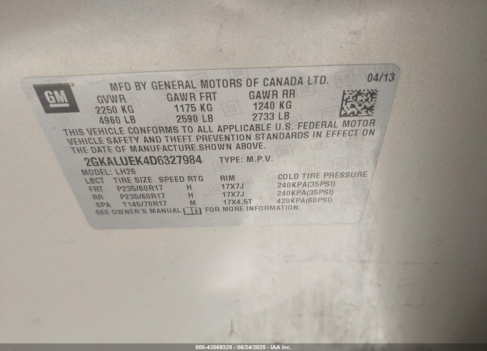 2013 GMC TERRAIN VIN: 2GKALUEK4D6327984