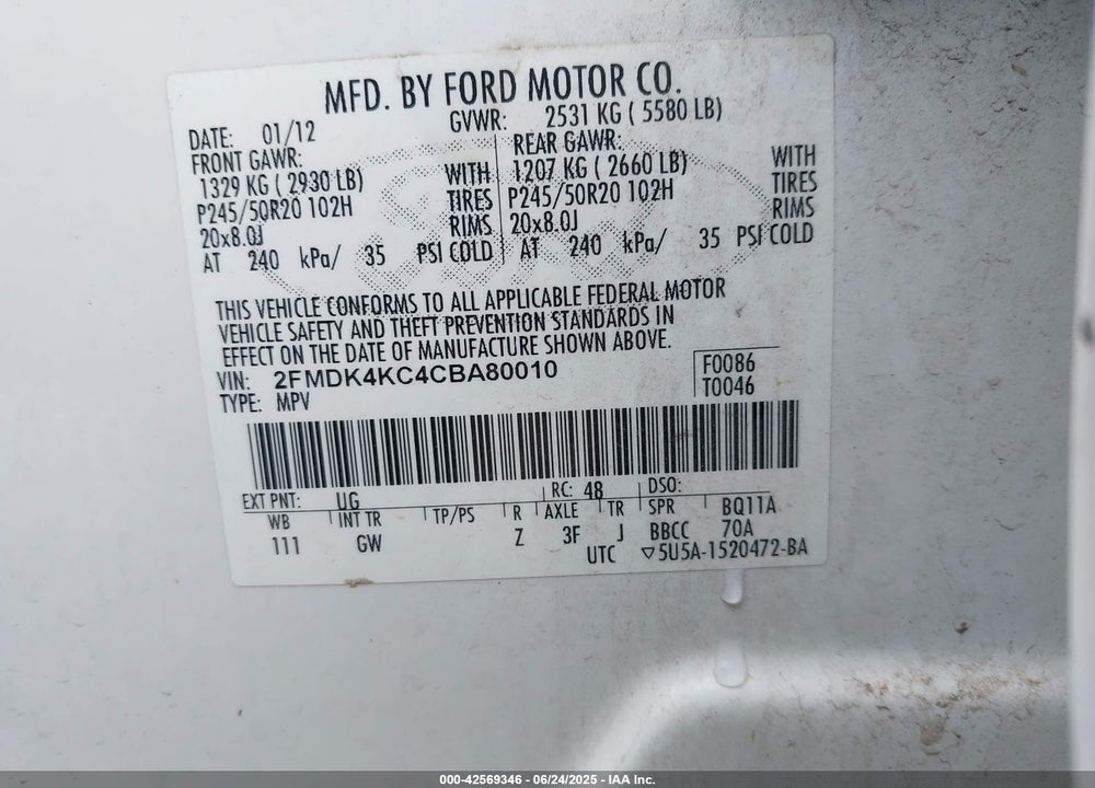 2012 FORD EDGE VIN: 2FMDK4KC4CBA80010