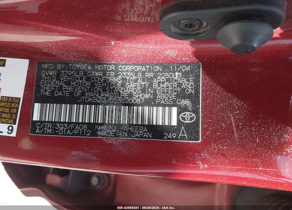 2005 TOYOTA PRIUS VIN: JTDKB20U553020087