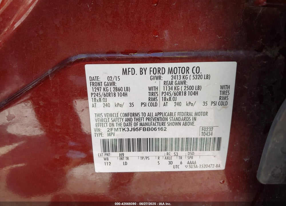 2015 FORD EDGE VIN: 2FMTK3J95FBB06162
