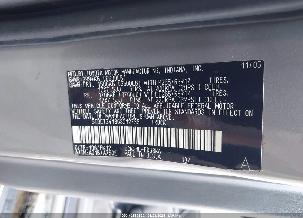 2006 TOYOTA TUNDRA VIN: 5TBET34186S512735