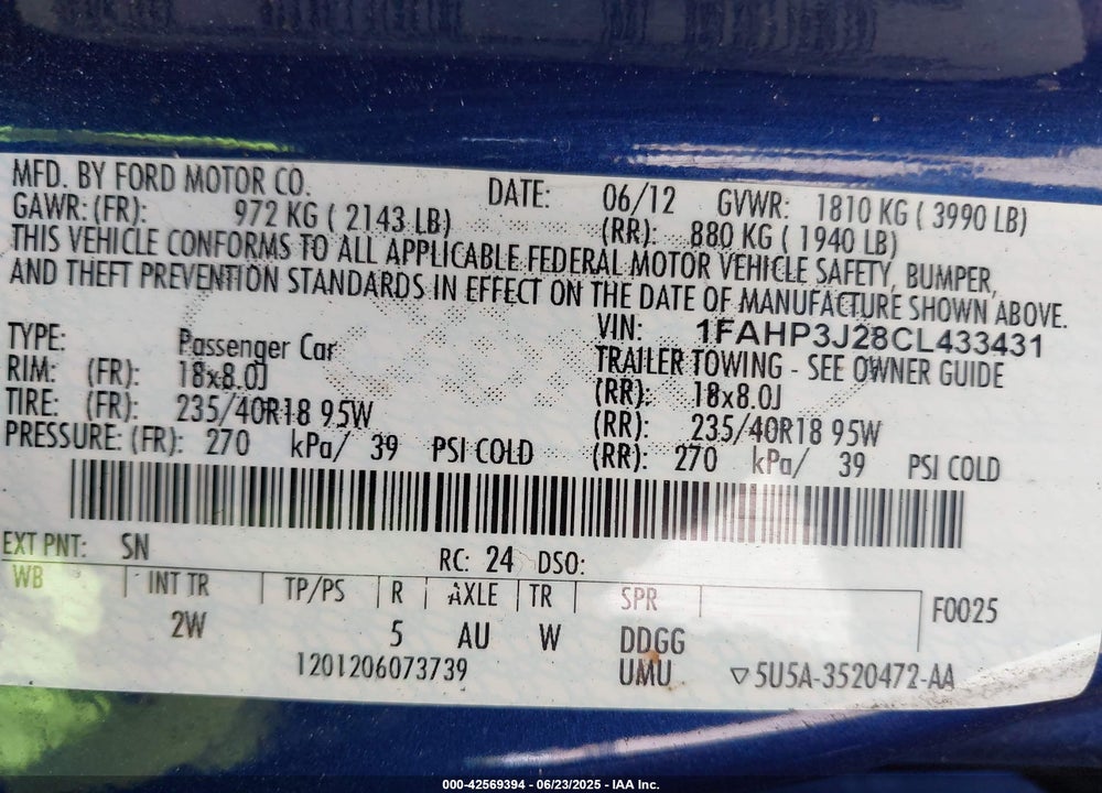 2012 FORD FOCUS VIN: 1FAHP3J28CL433431