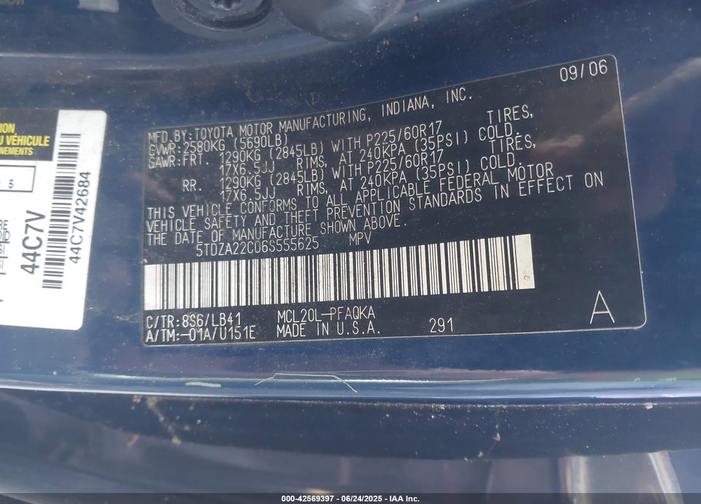 2006 TOYOTA SIENNA VIN: 5TDZA22C06S555625