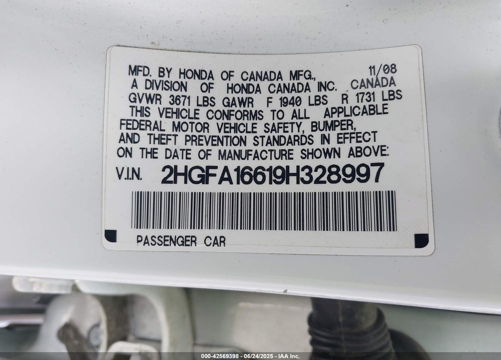 2009 HONDA CIVIC VIN: 2HGFA16619H328997