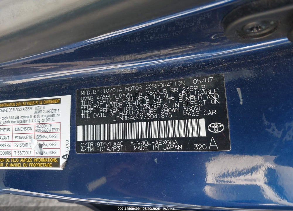 2007 TOYOTA CAMRY HYBRID VIN: JTNBB46K973041878