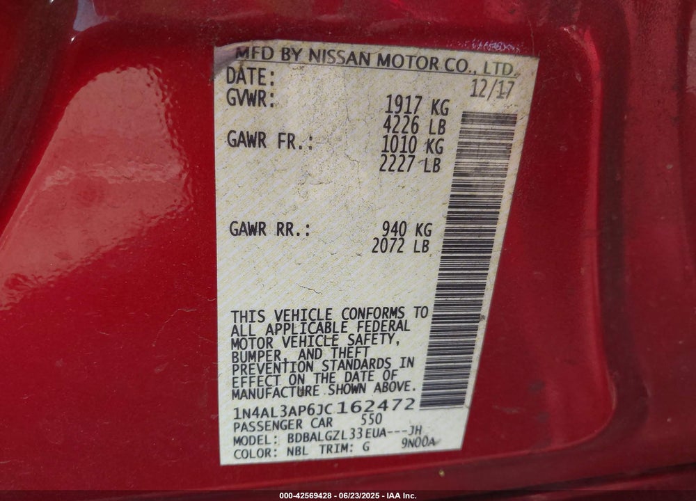 2018 NISSAN ALTIMA 2.5 S VIN: 1N4AL3AP6JC162472