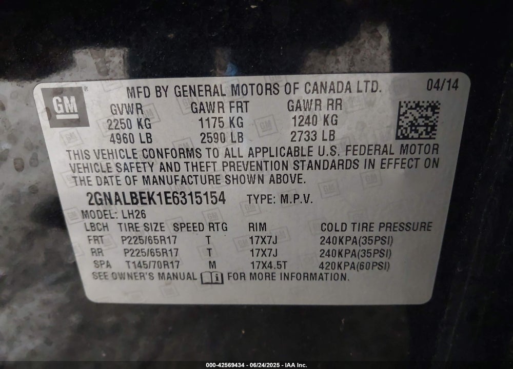 2014 CHEVROLET EQUINOX VIN: 2GNALBEK1E6315154