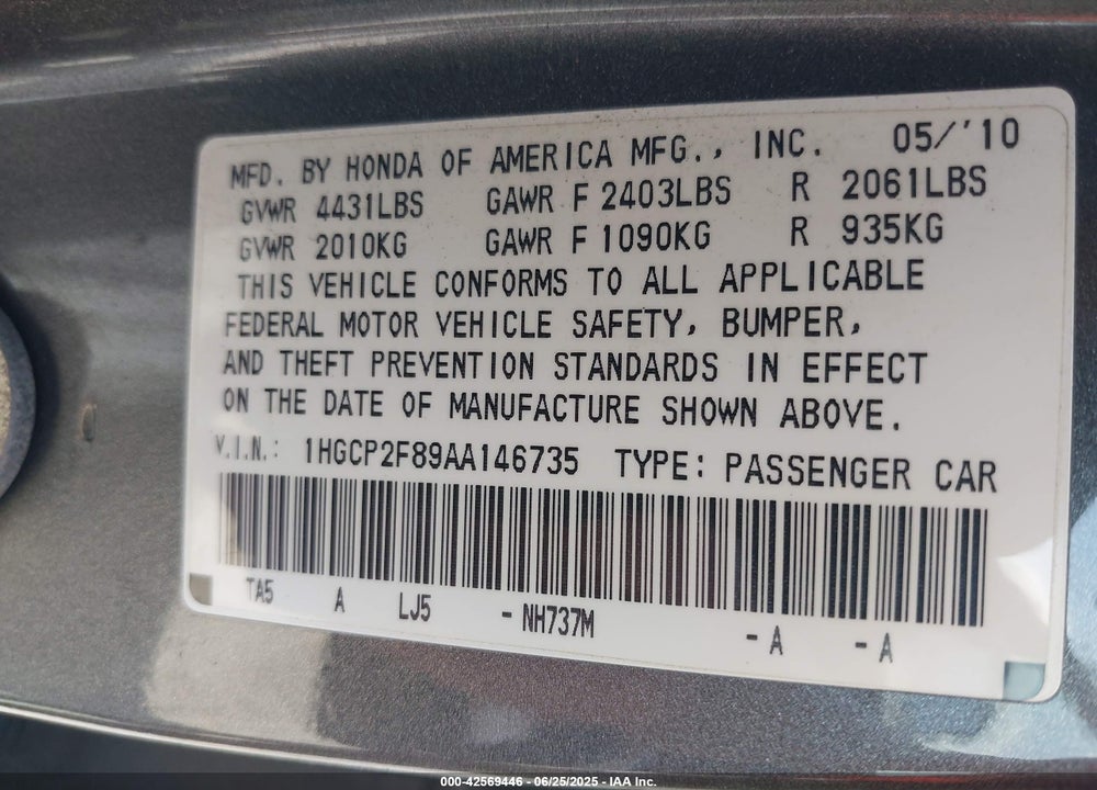 2010 HONDA ACCORD VIN: 1HGCP2F89AA146735