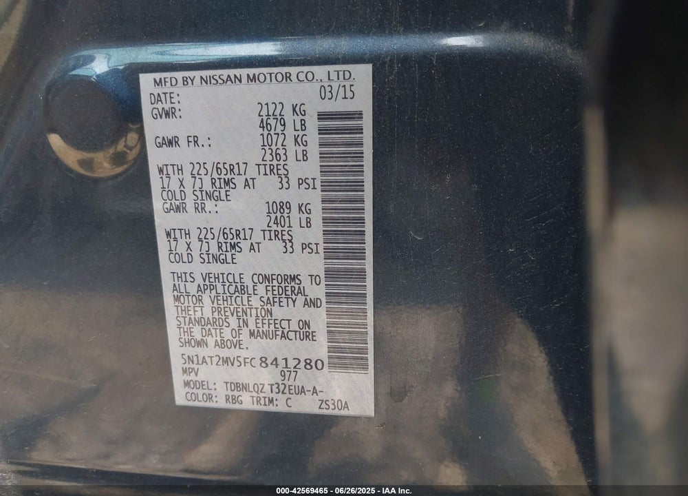2015 NISSAN ROGUE VIN: 5N1AT2MV5FC841280