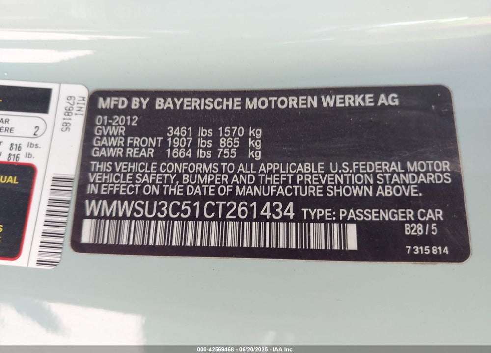 2012 MINI COOPER HARDTOP VIN: WMWSU3C51CT261434