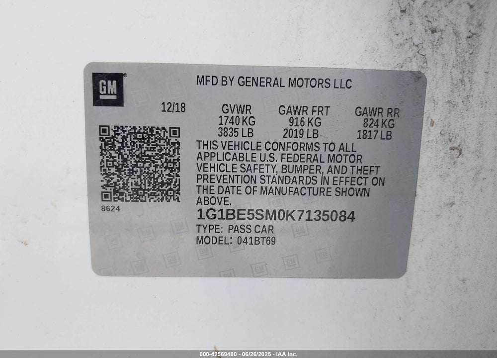 2019 CHEVROLET CRUZE VIN: 1G1BE5SM0K7135084