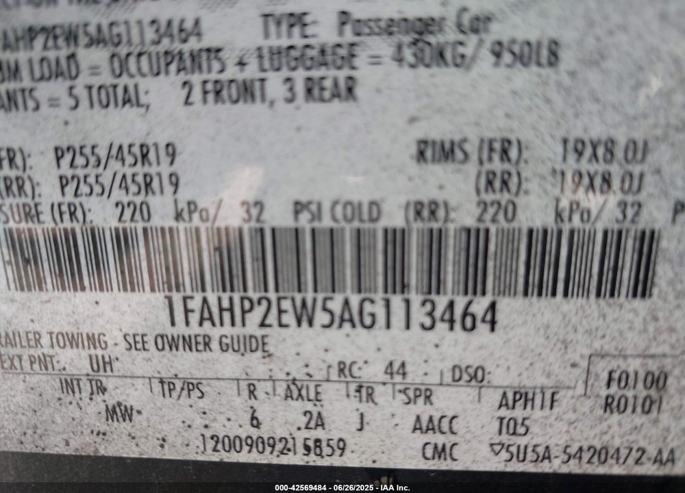 2010 FORD TAURUS VIN: 1FAHP2EW5AG113464