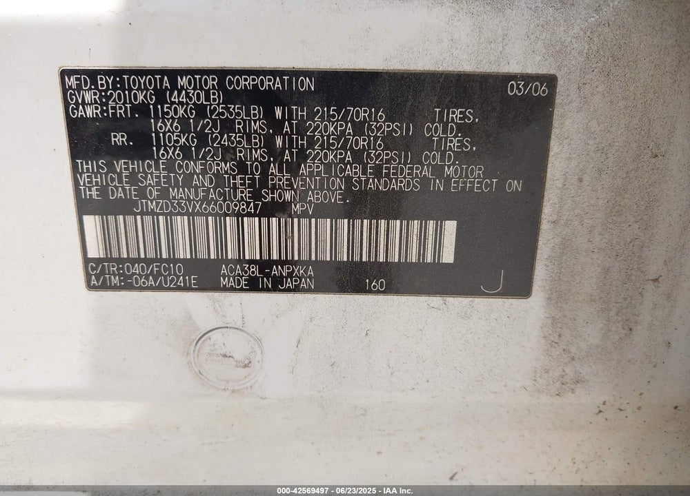 2006 TOYOTA RAV4 VIN: JTMZD33VX66009847