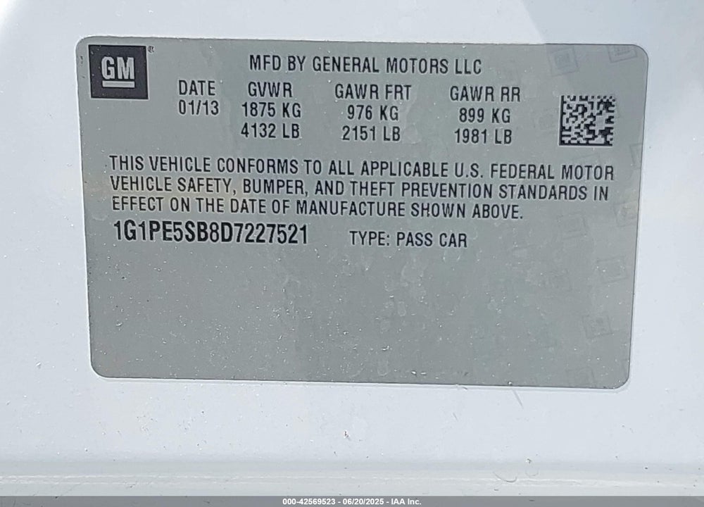 2013 CHEVROLET CRUZE 2LT AUTO VIN: 1G1PE5SB8D7227521