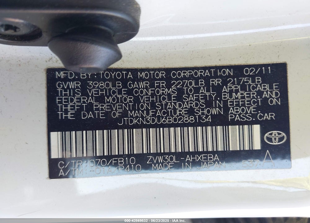 2011 TOYOTA PRIUS VIN: JTDKN3DU6B0288134