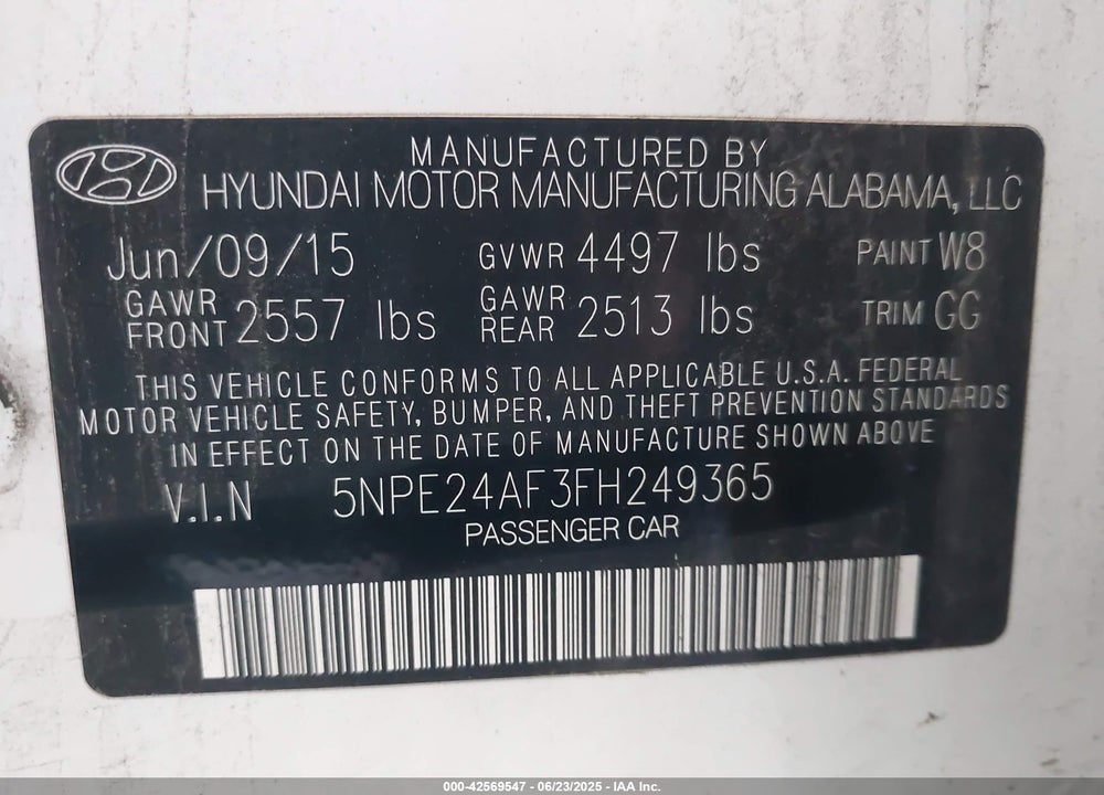 2015 HYUNDAI SONATA SE VIN: 5NPE24AF3FH249365