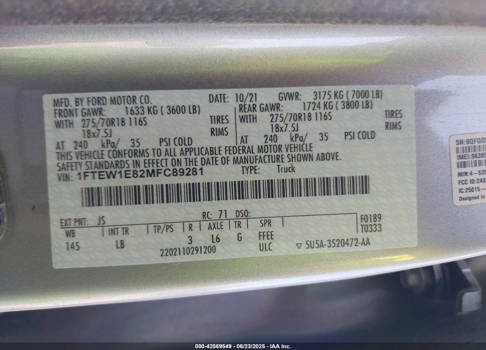 2021 FORD F-150 VIN: 1FTEW1E82MFC89281