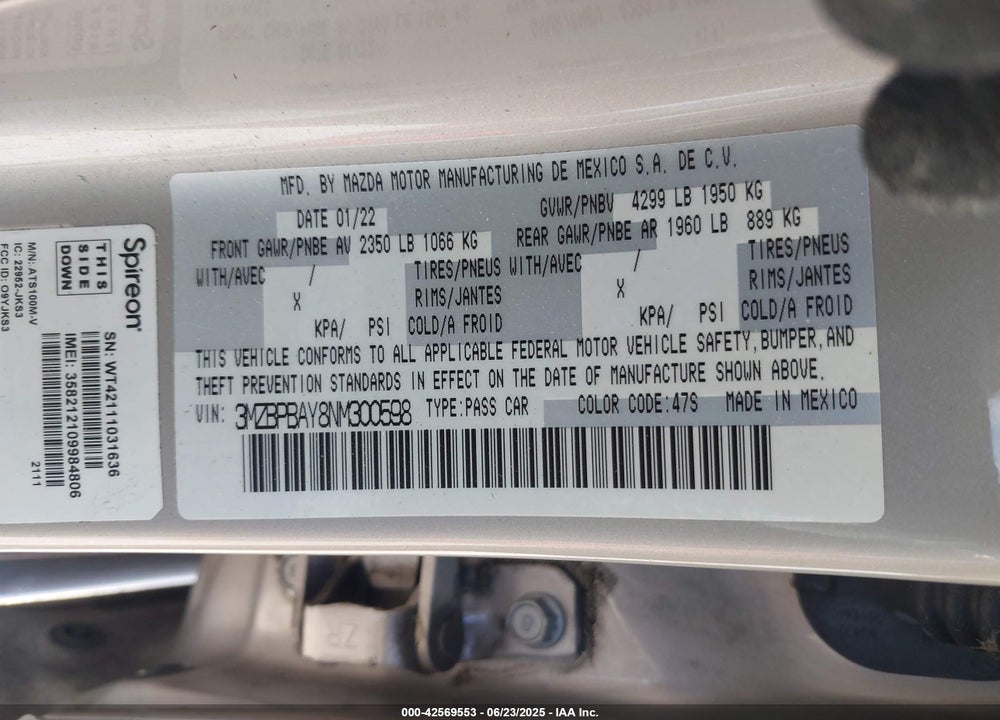2022 MAZDA 3 VIN: 3MZBPBAY8NM300598