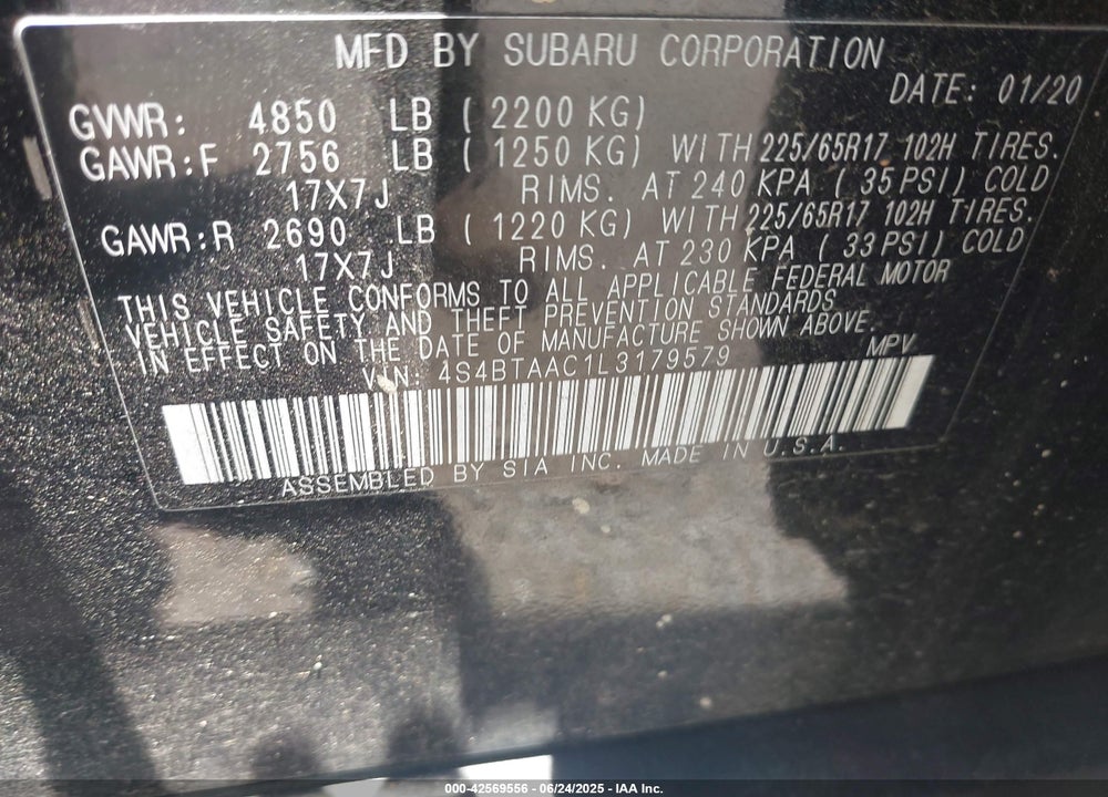 2020 SUBARU OUTBACK VIN: 4S4BTAAC1L3179579