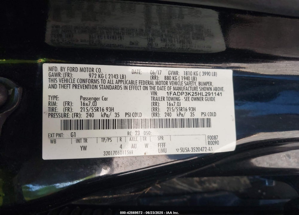 2017 FORD FOCUS VIN: 1FADP3K25HL291141