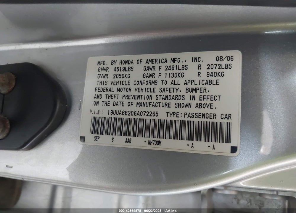 2006 ACURA TL VIN: 19UUA66206A072265