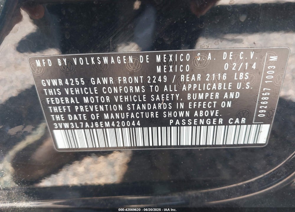 2014 VOLKSWAGEN JETTA VIN: 3VW3L7AJ6EM420044
