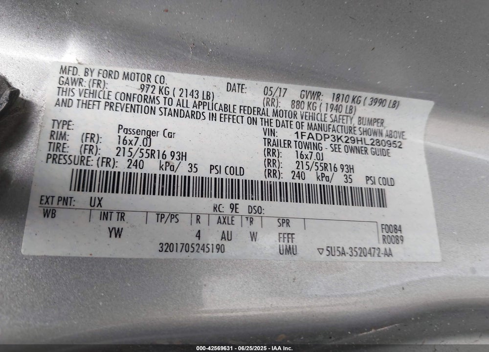 2017 FORD FOCUS VIN: 1FADP3K29HL280952