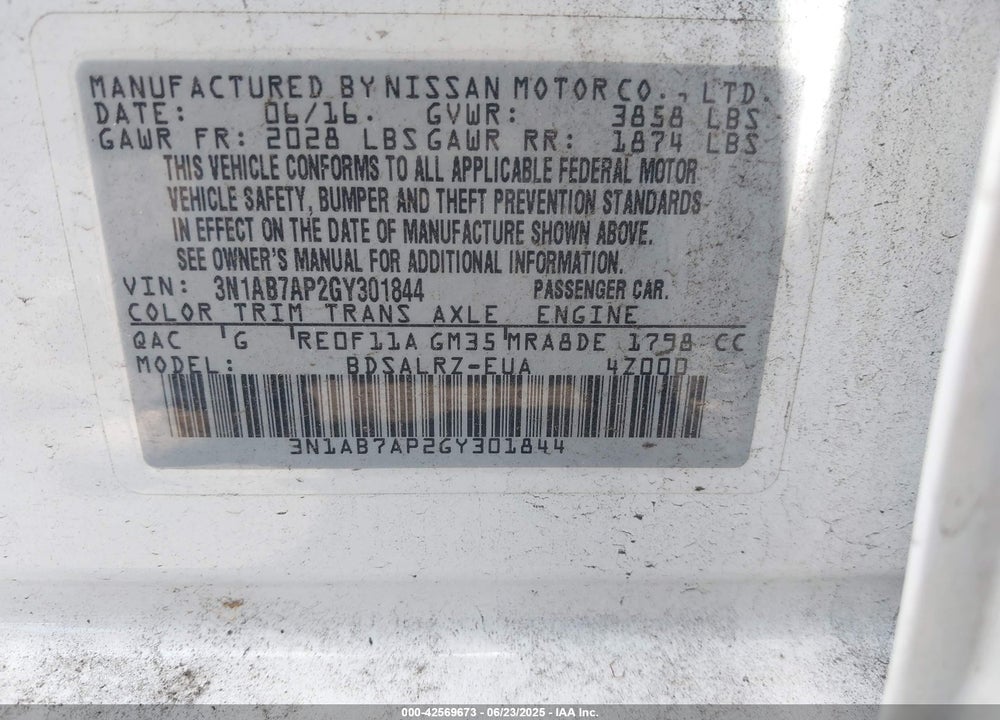 2016 NISSAN SENTRA SR VIN: 3N1AB7AP2GY301844