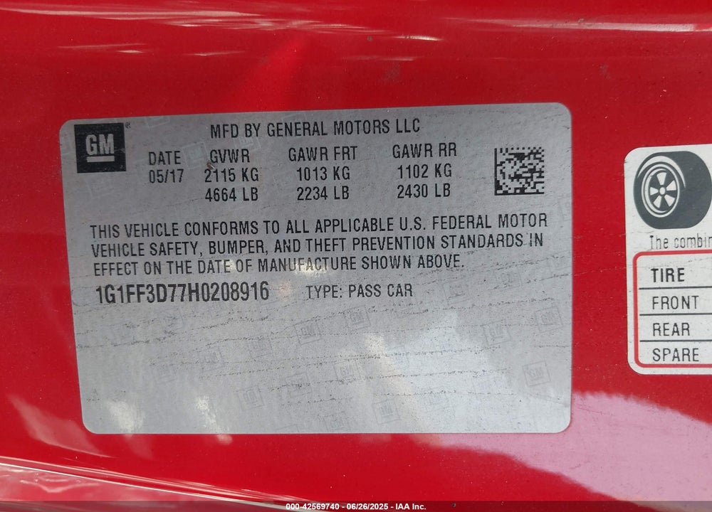 2017 CHEVROLET CAMARO 1SS VIN: 1G1FF3D77H0208916