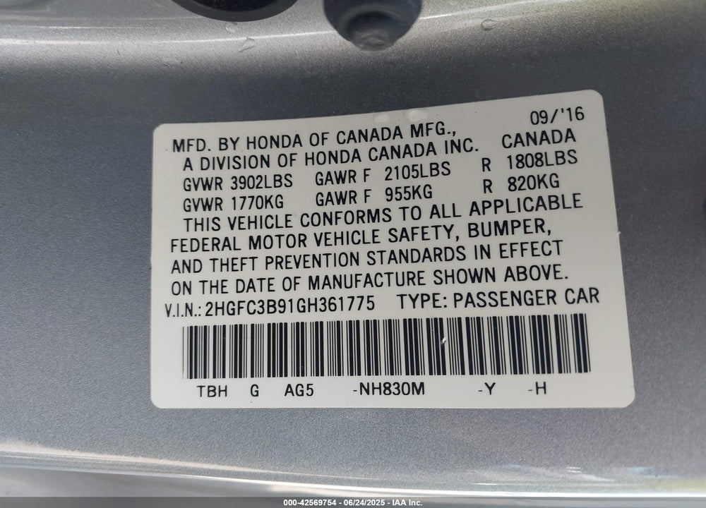 2016 HONDA CIVIC VIN: 2HGFC3B91GH361775