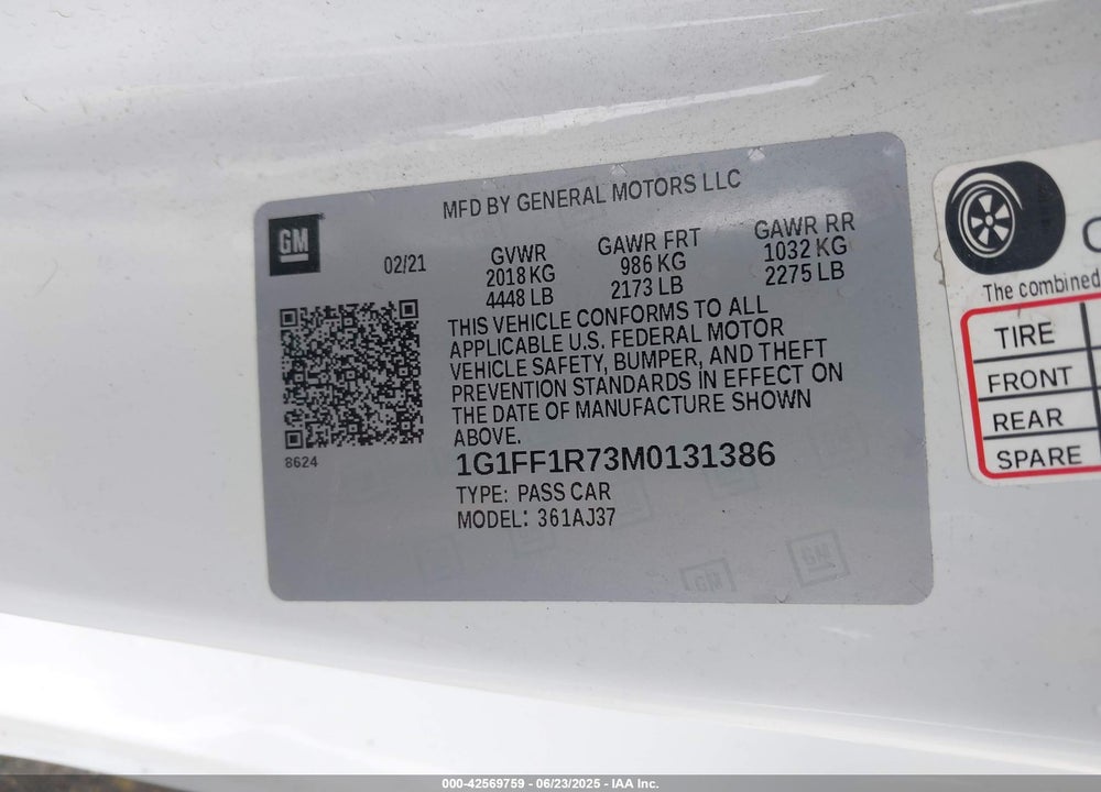 2021 CHEVROLET CAMARO VIN: 1G1FF1R73M0131386