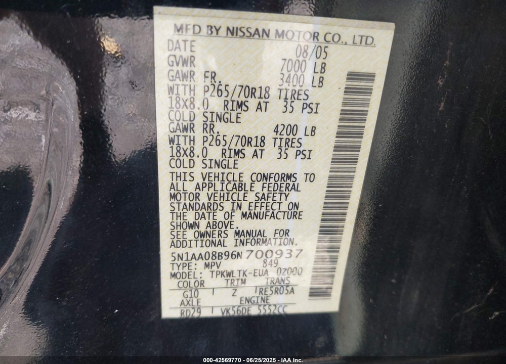 2006 NISSAN ARMADA SE/LE VIN: 5N1AA08B96N700937