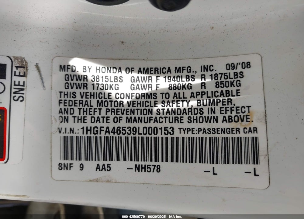 2009 HONDA CIVIC VIN: 1HGFA46539L000153