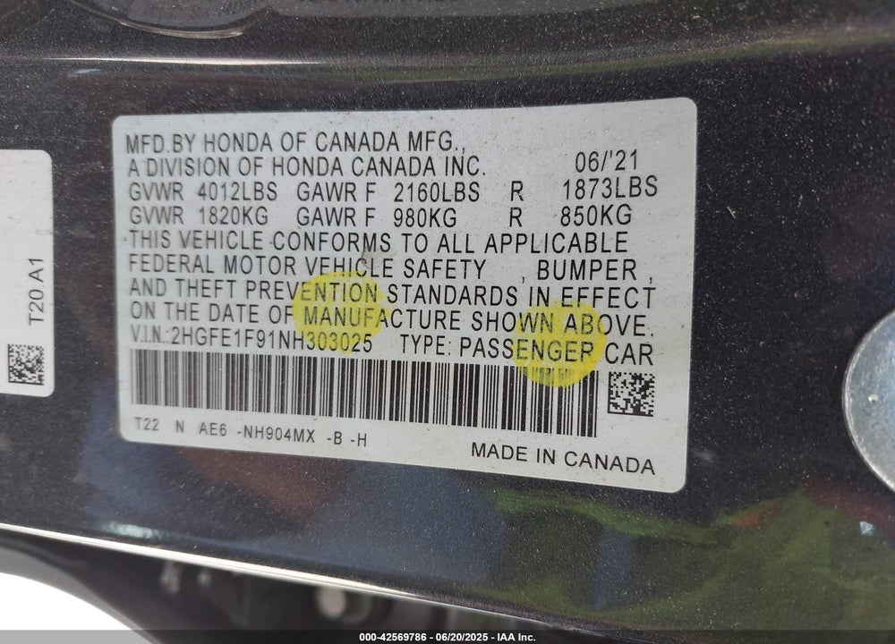 2022 HONDA CIVIC VIN: 2HGFE1F91NH303025