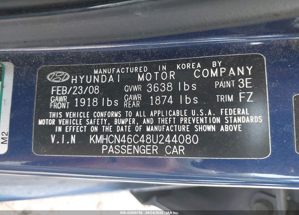 2008 HYUNDAI ACCENT VIN: KMHCN46C48U244080