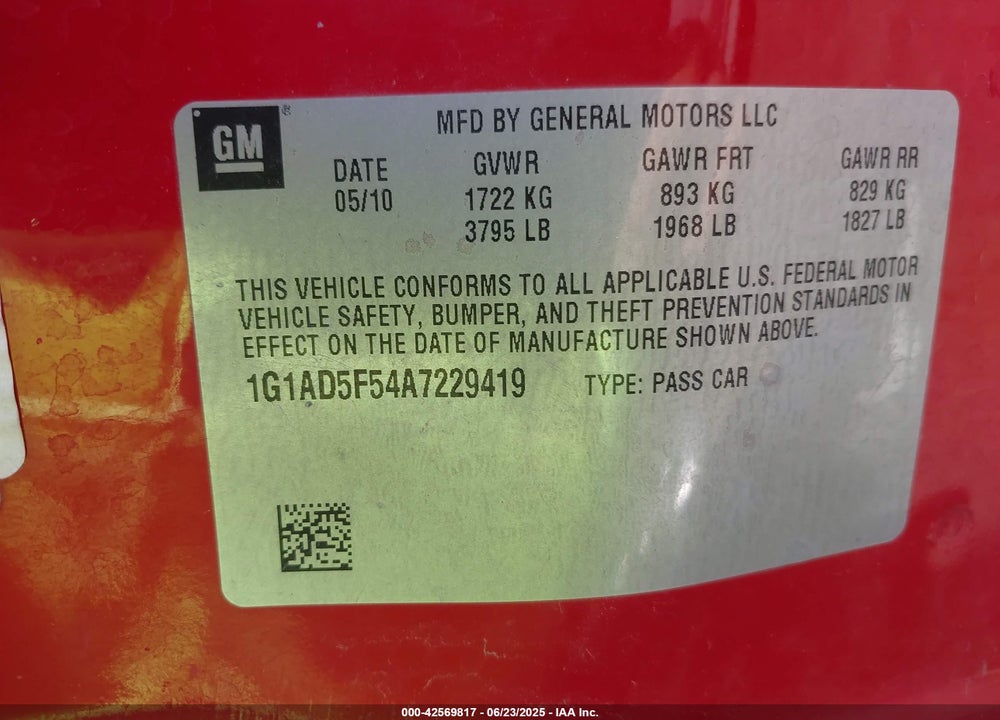 2010 CHEVROLET COBALT VIN: 1G1AD5F54A7229419