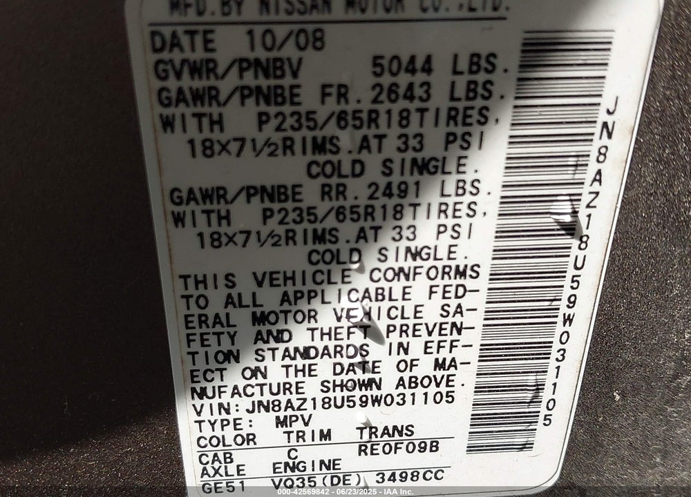 2009 NISSAN MURANO VIN: JN8AZ18U59W031105