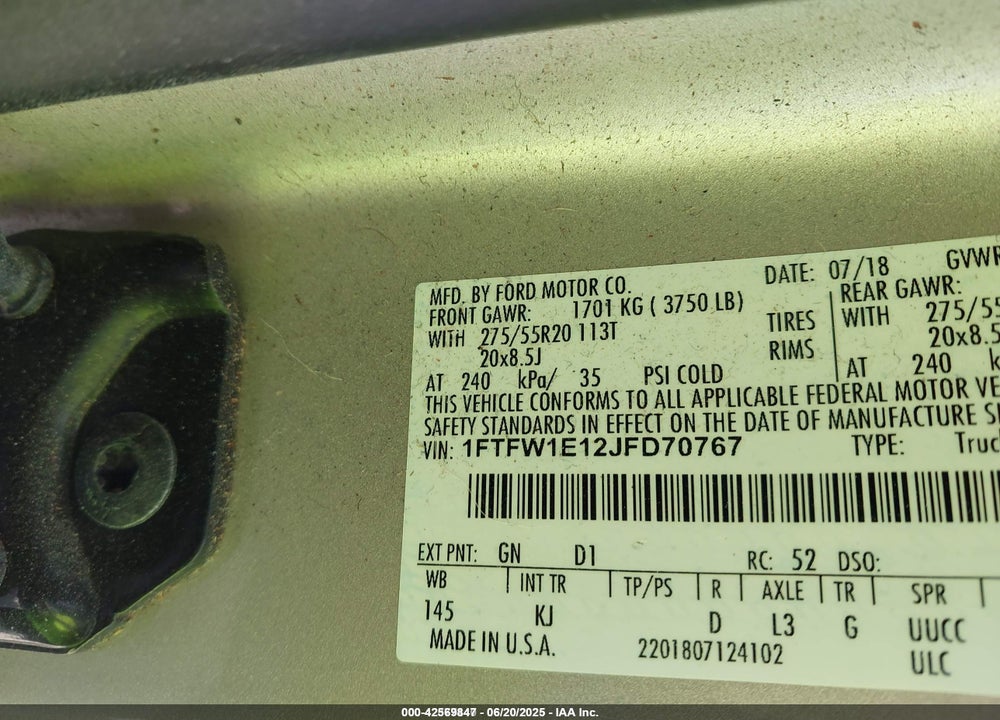 2018 FORD F-150 VIN: 1FTFW1E12JFD70767