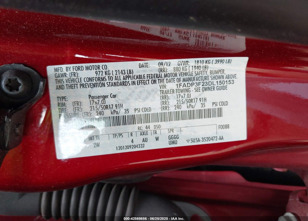 2013 FORD FOCUS VIN: 1FADP3F23DL150153