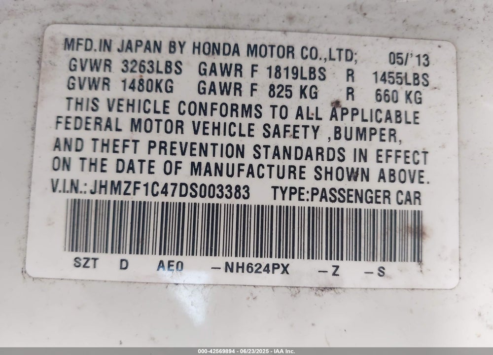2013 HONDA CR-Z VIN: JHMZF1C47DS003383